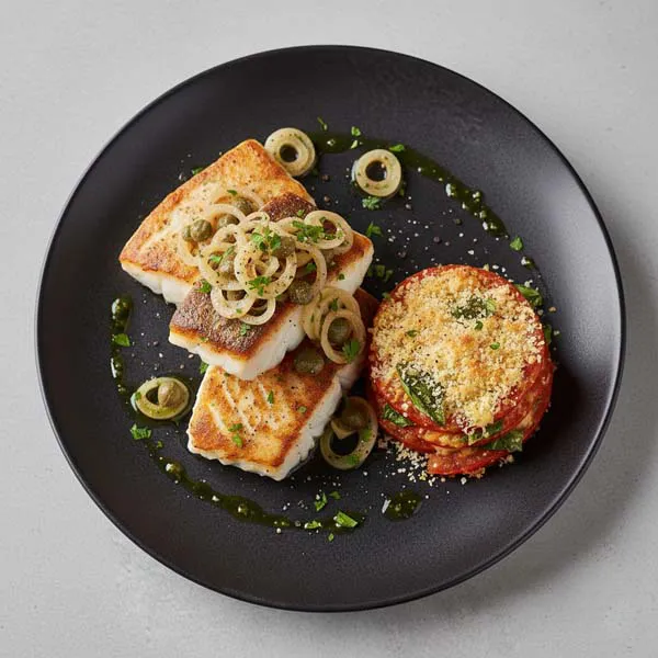 Seared Fish with Warm Caper Shallot Salsa and Parmesan Tomato Gratin